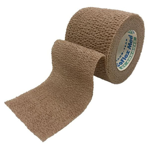 Andover Coflex Med 4 inch x 5 Yd. Flexible Cohesive Sterile Self-Adherent Wrap Bandage, Tan, 18/Case