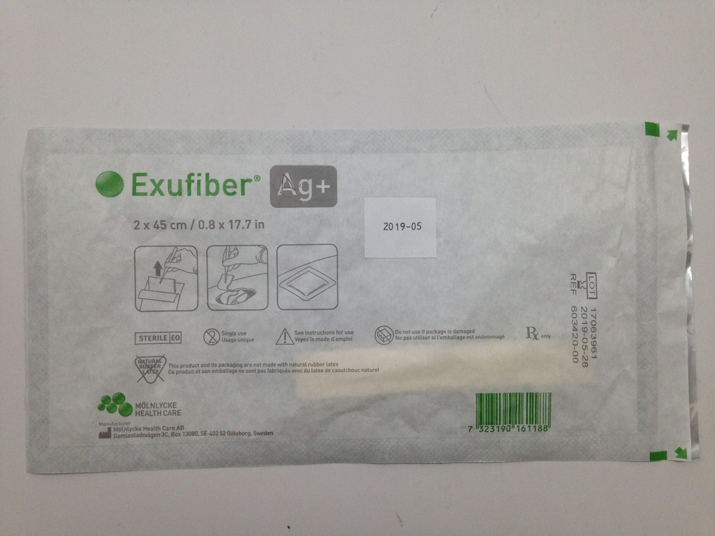 Molnlycke Exufiber Ag+ 0.8 inch x 17.7 inch Silver Gelling Fiber Dressings, 20/Case