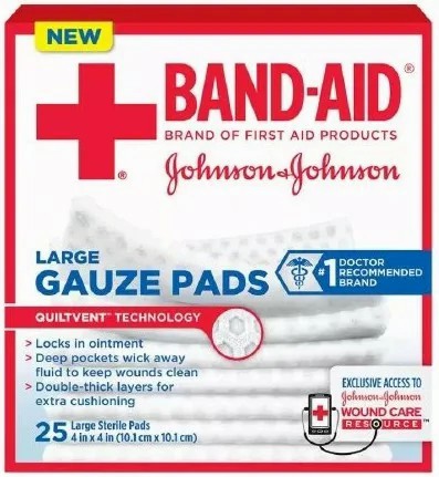 Johnson & Johnson Band-Aid 4 inch x 4 inch 25 Count First Aid Large Gauze Pads, 24 Boxes/Case