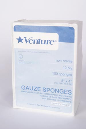 Tidi Venture™ 12-Ply Non-Sterile Gauze Sponge, 4" x 8", Non-Sterile, 12-Ply, 100/bg