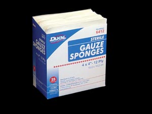 Dukal Woven Cotton Gauze Sponges, 4" x 4", Sterile, 12-Ply, 25 bx