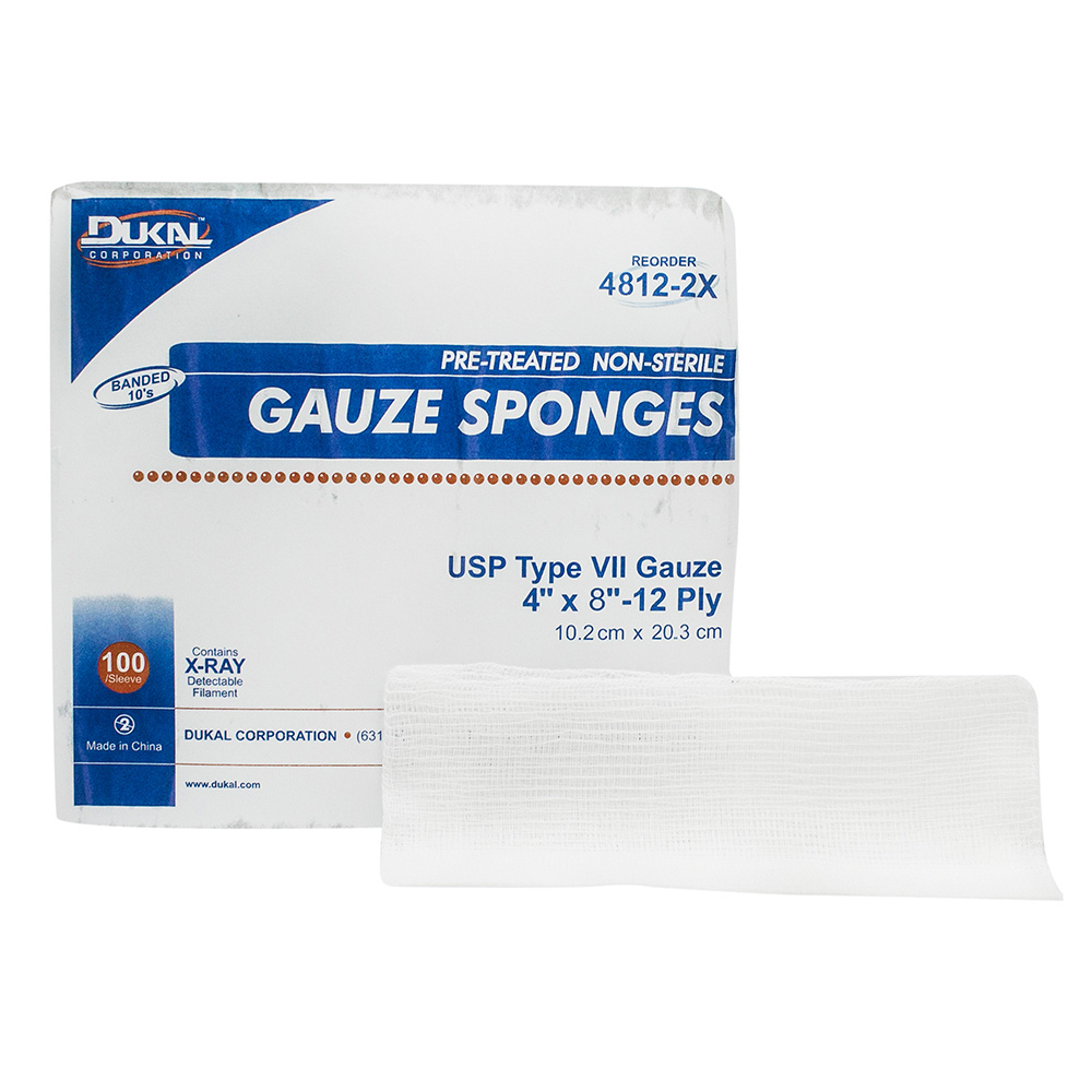 Dukal 8 x 4 inch 12-Ply X-Ray Detectable Type VII Non-Sterile Gauze Sponges, 2000/Pack