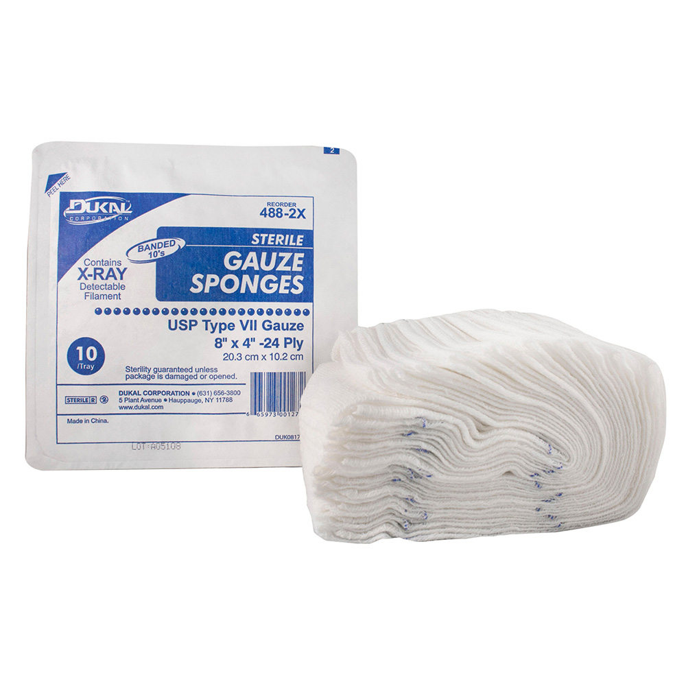 Dukal 8 x 4 inch 24-Ply X-Ray Detectable Type VII Sterile Gauze Sponges, 480/Pack