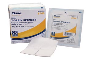 Dukal T-Drain Sponge, 4" x 4", Sterile, 25 pk