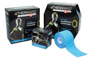 TheraBand Kinesiology Tape, Precut Roll Dispenser Box, 2" x10" Strips, Red/Black Print