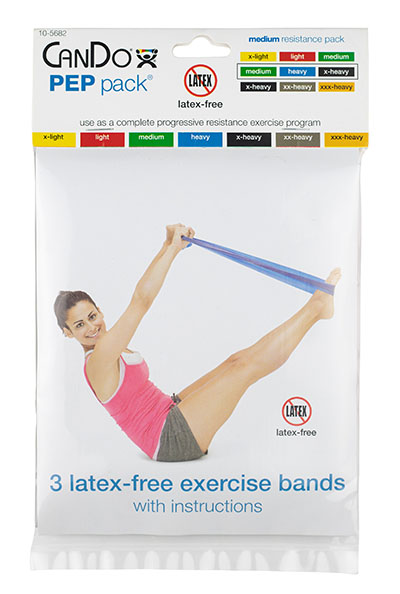 Fabrication CanDo 4 ft Latex Free Moderate Exercise Band w/ PEP Pack, Assorted Color, 3 Pieces/Pack
