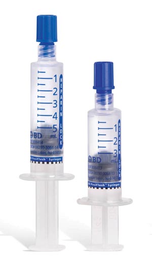 BD Posiflush™ Heparin Lock Flush Syringe, 10 Units/mL, 5mL Fill in 10mL Syringe, 30/bx