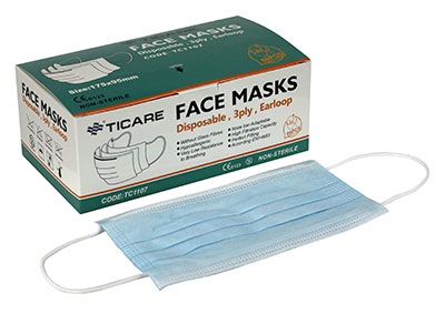Ticare Face Masks, 3 ply disposable with ear loops, Box of 50