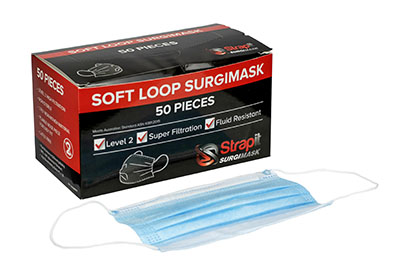 Strapit Surgimask Face Masks, 3 ply disposable with ear loops, ASTM Level 2, Box of 50