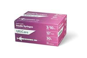UltiMed, Inc. Insulin Syringe, 3/10cc, 30G x ½", 100/bx