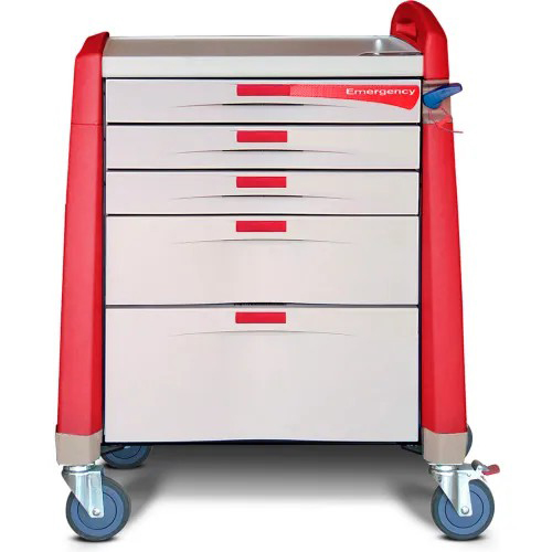 Capsa Avalo Compact Emergency Medical Cart with (3) 3 inch/(1) 6 inch/(1) 10 inch Drawers, Red
