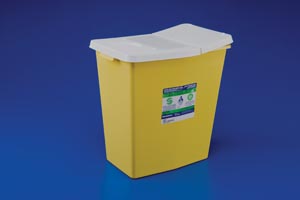 Cardinal Health Sharps Container, 2 Gal, Yellow, Hinged Lid, 10"H x 7¼"D x 5"W