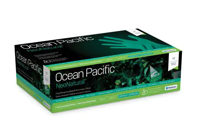 Ocean Pacific NeoNatural Powder-Free Textured Chloroprene Gloves, Green, Small. 100/bx