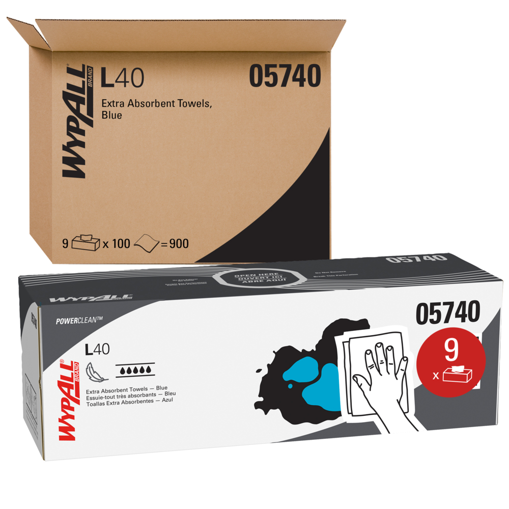 WYPALL L40 Wipers, in Pop-Up Box, 16.4" x 9.8", Blue, 100 wipes/ctn, 9 ctn/cs