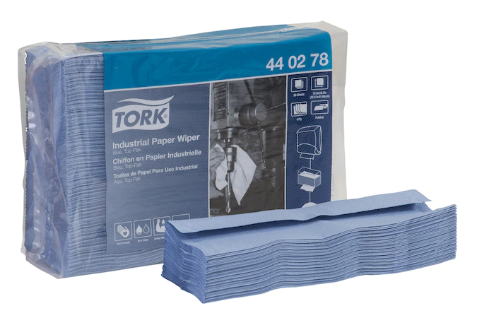 Tork Industrial Paper Wiper, Top-Pak, Blue, 12.8125” x 16.4”, 90 wipers/pk, 5 pk/cs