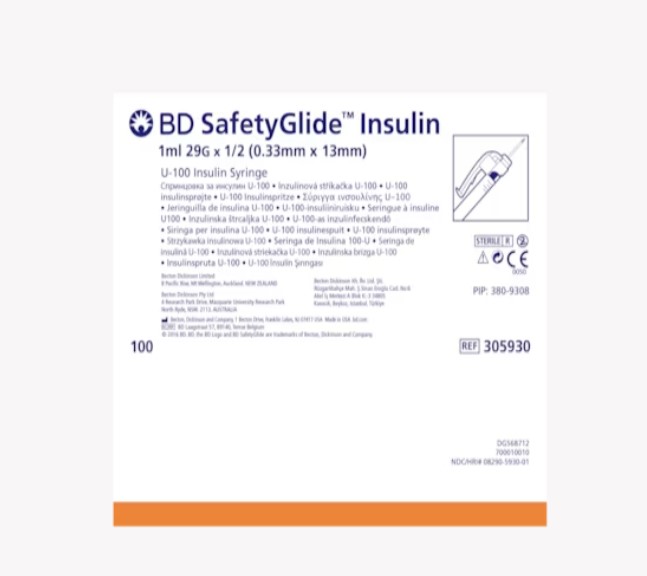 BD, Safety-Glide Insulin Syringe, 13mm x 29G 1mL, 100/bx 4 bx/cs