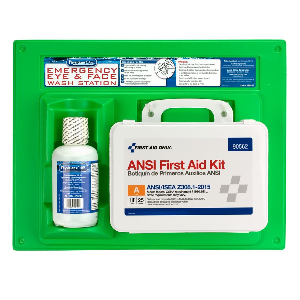 First Aid Only 16 oz Single Eyewash Station with ANSI Class A 2015 First Aid Kit, 6/Case