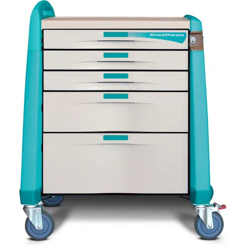 Capsa Avalo Key Lock Compact Anesthesia Medical Cart with (3) 3 inch/(1) 6 inch/(1) 10 inch Drawers, Green