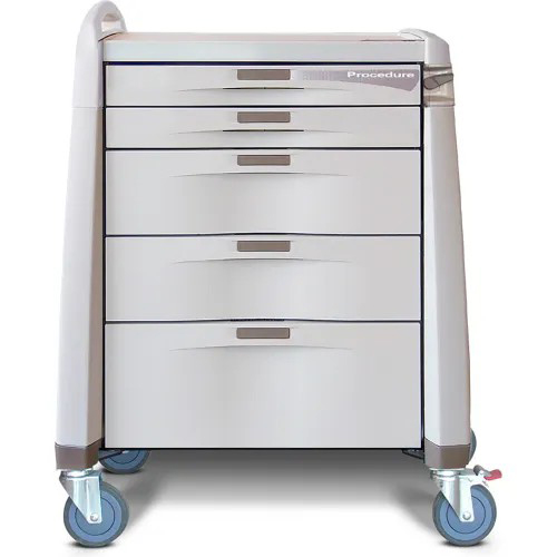 Capsa Avalo Key Lock Intermediate Procedure/Treatment Medical Cart with (2) 3 inch/(2) 6 inch/(1) 10 inch Drawers, Light Creme and Dark Creme