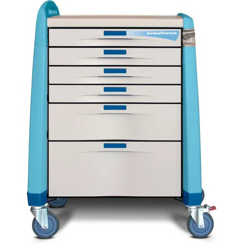 Capsa Avalo Electronic Lock Intermediate Anesthesia Medical Cart with (2) 3 inch/(2) 6 inch/(1) 10 inch Drawers, Blue