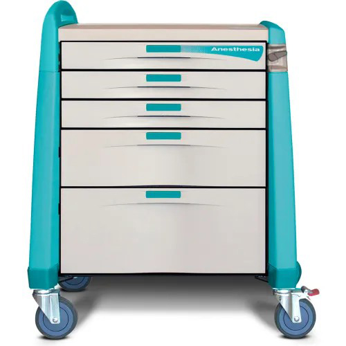 Capsa Avalo Auto Lock Compact Anesthesia Medical Cart with (3) 3 inch/(1) 6 inch/(1) 10 inch Drawers, Green
