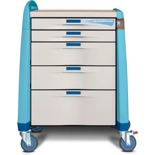 Capsa Avalo Auto Lock Intermediate Anesthesia Medical Cart with (2) 3 inch/(2) 6 inch/(1) 10 inch Drawers, Blue