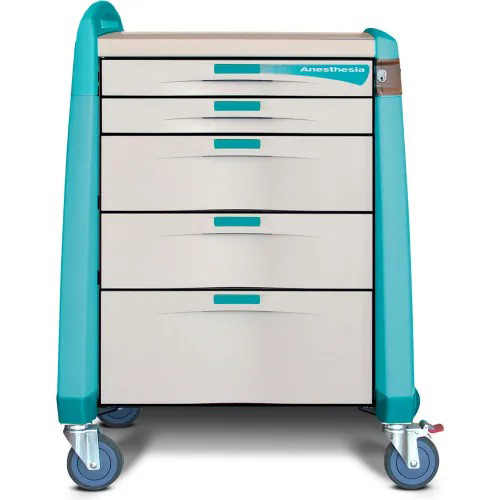 Capsa Avalo Auto Lock Intermediate Anesthesia Medical Cart with (2) 3 inch/(2) 6 inch/(1) 10 inch Drawers, Green