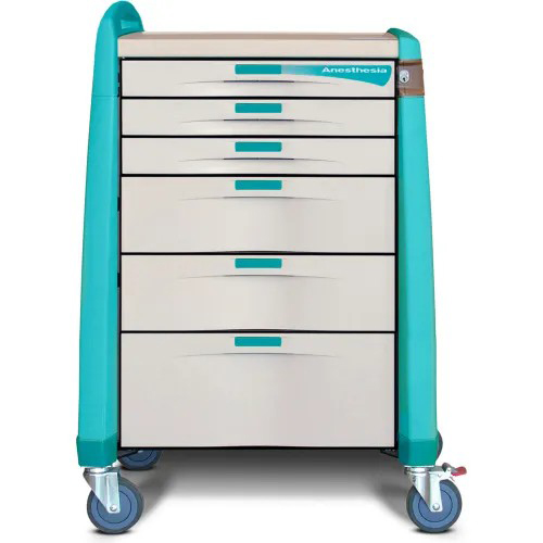 Capsa Avalo Auto Lock Standard Anesthesia Medical Cart with (3) 3 inch/(2) 6 inch/(1) 10 inch Drawers, Green