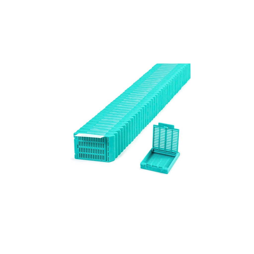 Slimsette Tissue Cassette, Quickload 45° Angle Stack (Taped), Acetal, Aqua, Bulk