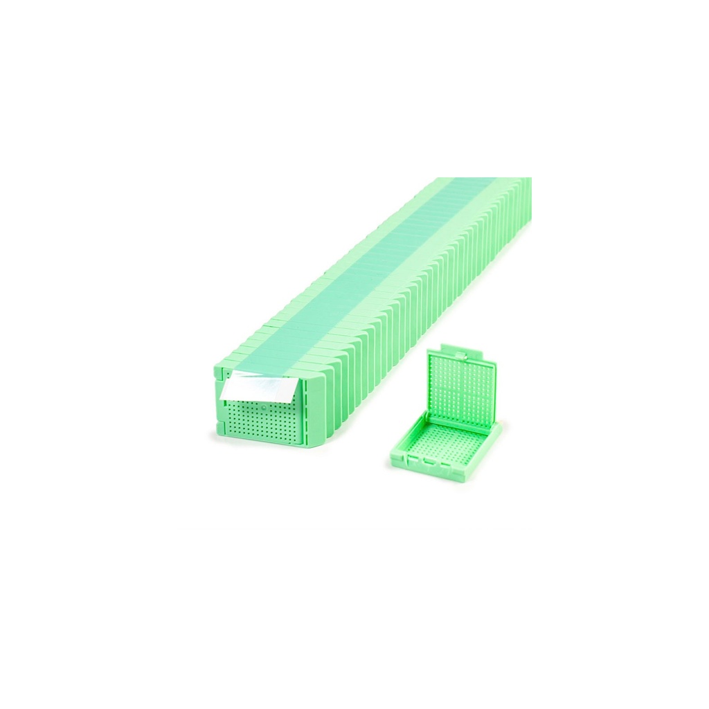 Slimsette Biopsy Cassette, Quickload 45° Angle Stack (Taped), Acetal, Green, Bulk