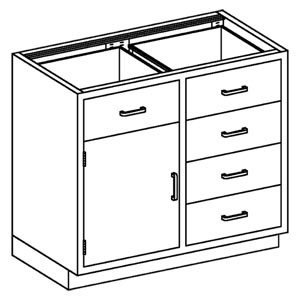 Base Cabinet 35"W x 35 3/4"H x 22"D, (1) Stainless Steel Half Size Adjustable Shelf, (4) 1/4-1/2 Drawers, 35" Over (1) 3/4"H Hinged Door