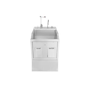 Lodi Scrub Sink, (1) Place, Pedestal Mounted, Knee Action Control, Soap Dispenser, Infrared Water Control, Eyewash, Digital Timer