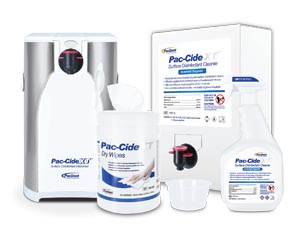 Surface Disinfectant Cleaner Premium Starting Kit, Includes: (1) Pac-Cide XT 3 L Solution with Cardboard Dispenser & Dispensing Bowl, (1) Pac-Cide XT Dry Wipe, (1) Pac-Cide XT Stainless Steel Dispenser, and (1) Pac-Cide XT 1 L Spray Bottle ( Empty), 1kt/cs