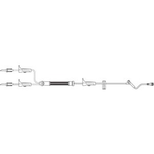 Admin Set, Y-Type, Drip Chamber, 170µ Blood Filter, 3 Roller Clamps, Slide Clamp, SAFELINE Injection Site 6" Above Distal End, SPIN-LOCK Connector, 34mL Priming Volume, 84"L, 10 Drops/mL, Latex Free (LF), 50/cs (Rx)