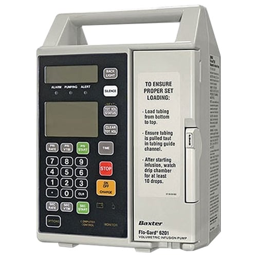 Single Channel Volumetric Infusion Pump, Baxter 6201, w/ Side Clamp, Micro/Macro Delivery Rate Range (1 To 99.9 Ml/Hr In 0.1-Ml Increments or 1 To 1999 Ml/Hr In 1-Ml Increments) and Battery Life Of 6 Hrs