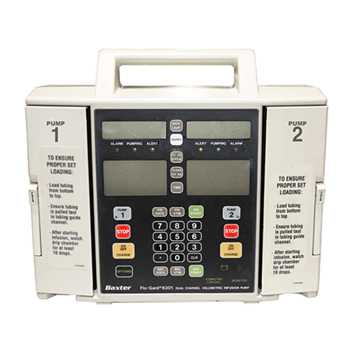 Dual Channel Volumetric Infusion Pump, Baxter 6301, w/ Side Clamp, Micro/Macro Delivery Rate Range (1 To 99.9 Ml/Hr In 0.1-Ml Increments or 1 To 1999 Ml/Hr In 1-Ml Increments) and Battery Life Of 6 Hrs