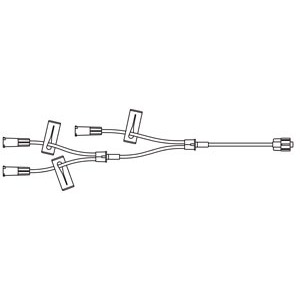 Small Bore Triple-Leg Extension Set, 3 Proximal Female Luer Lock Connections, 1 Distal Male Luer Lock Connection, 3 Slide Clamps, 0.7 mL Priming Volume, 9"L, DEHP & Latex Free (LF), 100/cs (Rx)