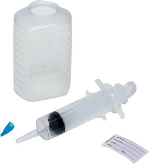 Piston Irrigation Kit Includes: 500cc Graduated Container, 60cc Thumb Control Ring Syringe, Patient ID Label, Small Tube Adapter, Packaged in a Resealable IV Pole Bag, 30/cs (64 cs/plt)