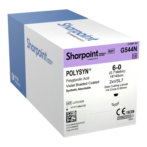 [G544N] Surgical Specialties Sharpoint Plus 6-0 18 inch PolySyn/Polyglycolic Acid Absorbable Suture with Needle and Violet, 12 per Box