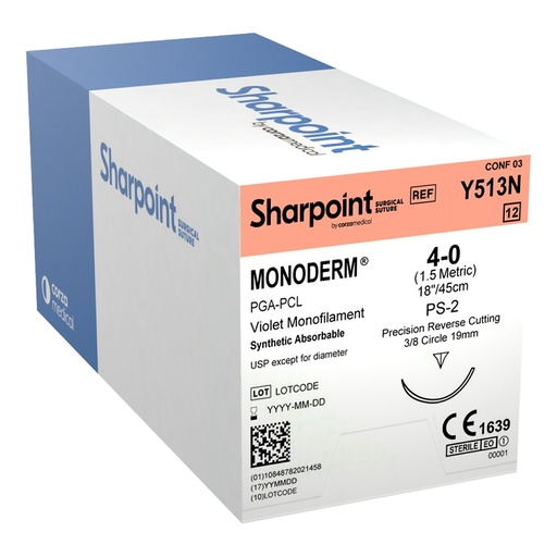 [Y513N] Surgical Specialties Sharpoint Plus Monoderm 4-0 19 mm Polyglycolic Acid Absorbable Suture with Needle and Violet, 12 per Box