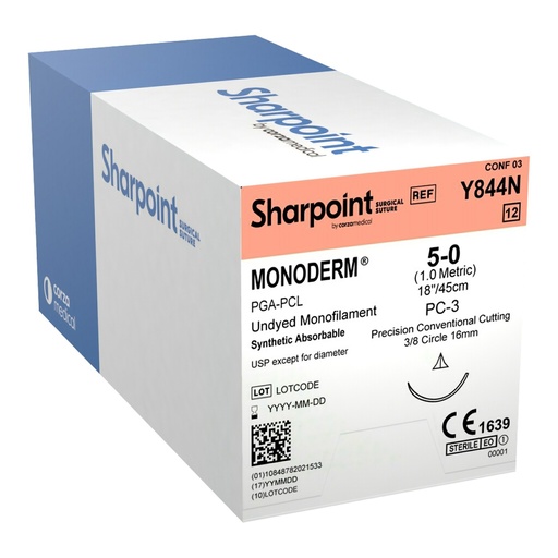 [Y844N] Surgical Specialties Sharpoint Plus Monoderm 5-0 16 mm Polyglycolic Acid Absorbable Suture with Needle and Undyed, 12 per Box