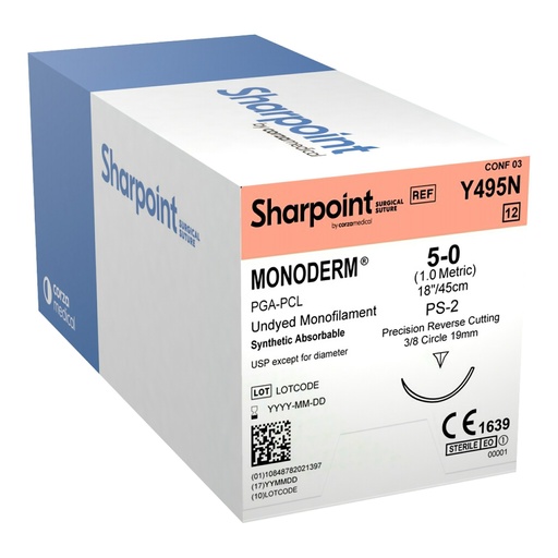 [Y495N] Surgical Specialties Sharpoint Plus Monoderm 5-0 19 mm Polyglycolic Acid Absorbable Suture with Needle and Undyed, 12 per Box