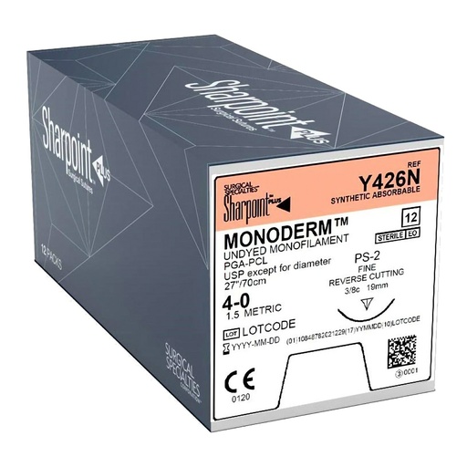 [Y426N] Surgical Specialties Sharpoint Plus Monoderm 4-0 27 inch Polyglycolic Acid Absorbable Suture with Needle and Undyed, 12 per Box