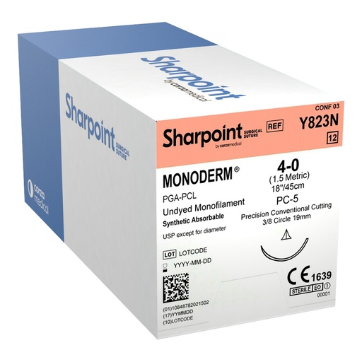 [Y823N] Surgical Specialties Sharpoint Plus Monoderm 4-0 PC-5 Polyglycolic Acid Absorbable Suture with Needle and Undyed, 12 per Box