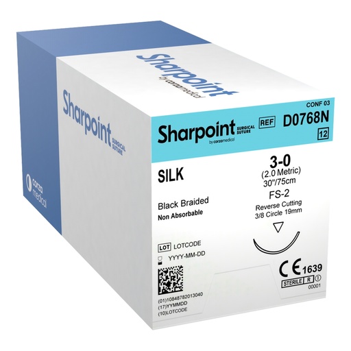 [D0768N] Surgical Specialties Sharpoint Plus 3-0 19 mm Silk Nonabsorbable Suture with Needle and Black, 12 per Box