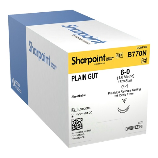 [B770N] Surgical Specialties Sharpoint Plus 6-0 11 mm Plain Gut Absorbable Suture with Needle and Undyed, 12 per Box