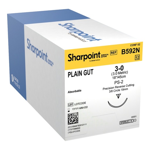 [B592N] Surgical Specialties Sharpoint Plus 3-0 18 inch Plain Gut Absorbable Suture with Needle and Undyed, 12 per Box