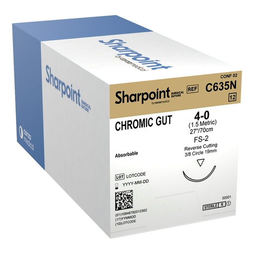 [C635N] Surgical Specialties Sharpoint Plus 4-0 27 inch Chromic Gut Absorbable Suture with Needle and Undyed, 12 per Box