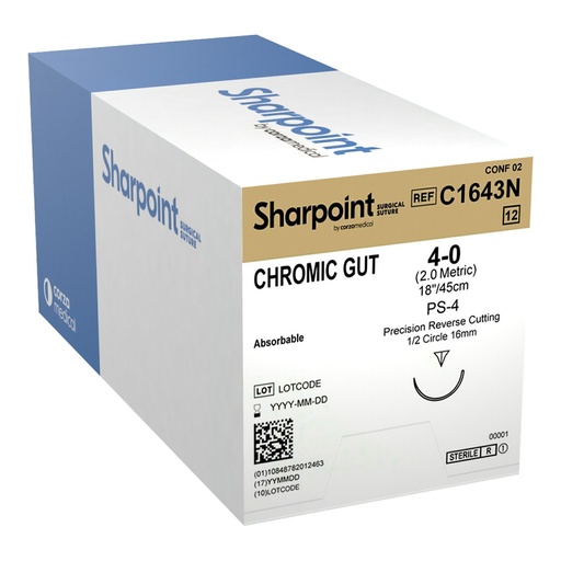 [C1643N] Surgical Specialties Sharpoint Plus 4-0 16 mm Chromic Gut Absorbable Suture with Needle and Undyed, 12 per Box