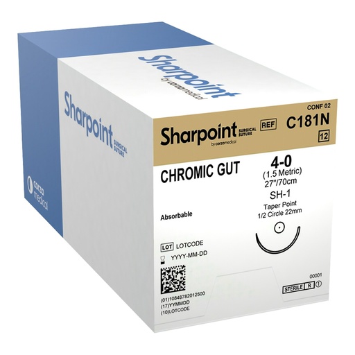 [C181N] Surgical Specialties Sharpoint Plus 4-0 22 mm Chromic Gut Absorbable Suture with Needle and Undyed, 12 per Box